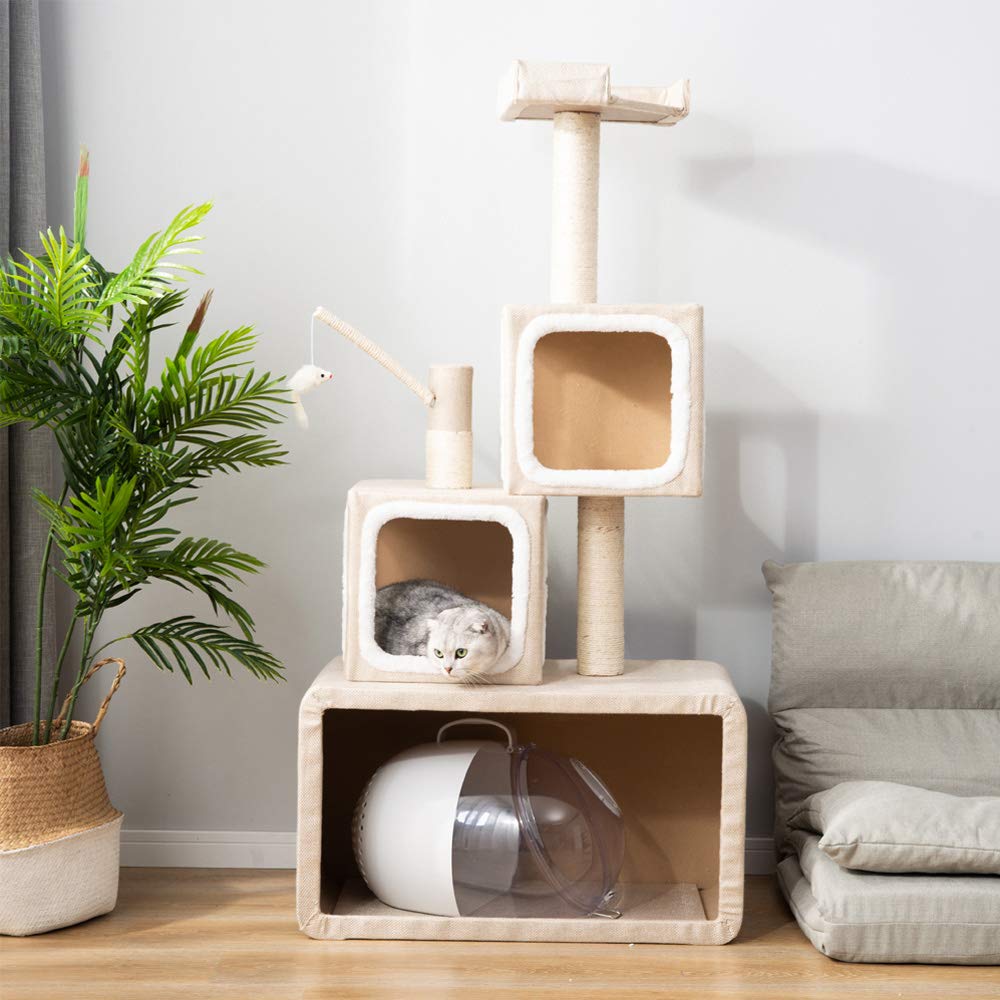 PURLOVE Cat Tree, 140cm Cat Tower Activity Centre with Sisal Scratching