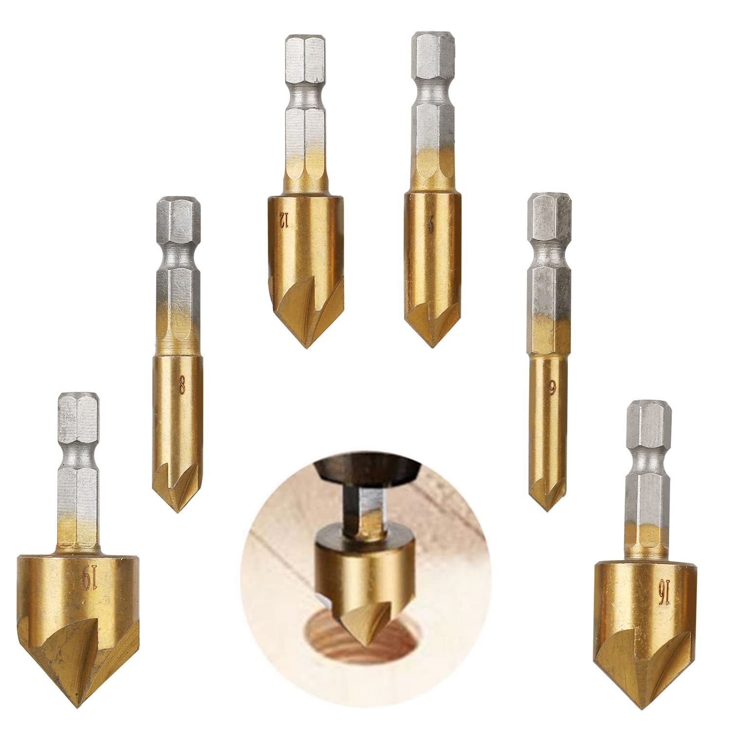 CEEYSEE 6 Pcs Hex Countersink Drill Bit Set 5 Flute 90 Degree Center Countersink Bits for Wood Quick Change Bit 6mm-19mm