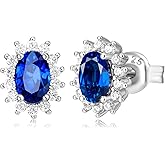 RYANEE Princess Diana Halo Stud Earrings For Women with Created Sapphire in 925 Sterling Silver, Blue Birthstone 14k White Gold Plated Earrings For Her, Anniversary Birthday Piercing Jewelry Set