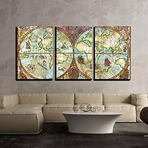 3 Panel Canvas Wall Art - Vintage World Map - Giclee Print Gallery Wrap Modern Home Decor Ready to Hang - 16"x24" x 3 Panels