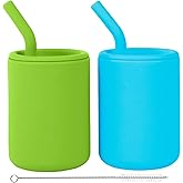 WeeSprout Silicone Baby Cups With Straws and Lids, 4 & 8 oz Options, Set of 2, Food Grade Toddler Training Container, Built In Straw Stoppers, Measurement Markings, Dishwasher Safe + Straw Cleaner