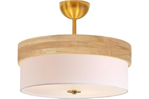 Bargeni 16 Inch Semi Flush Mount Ceiling Light, Modern Wood Drum Ceiling Light Fixture with Fabric Shade, Gold Light Fixtures