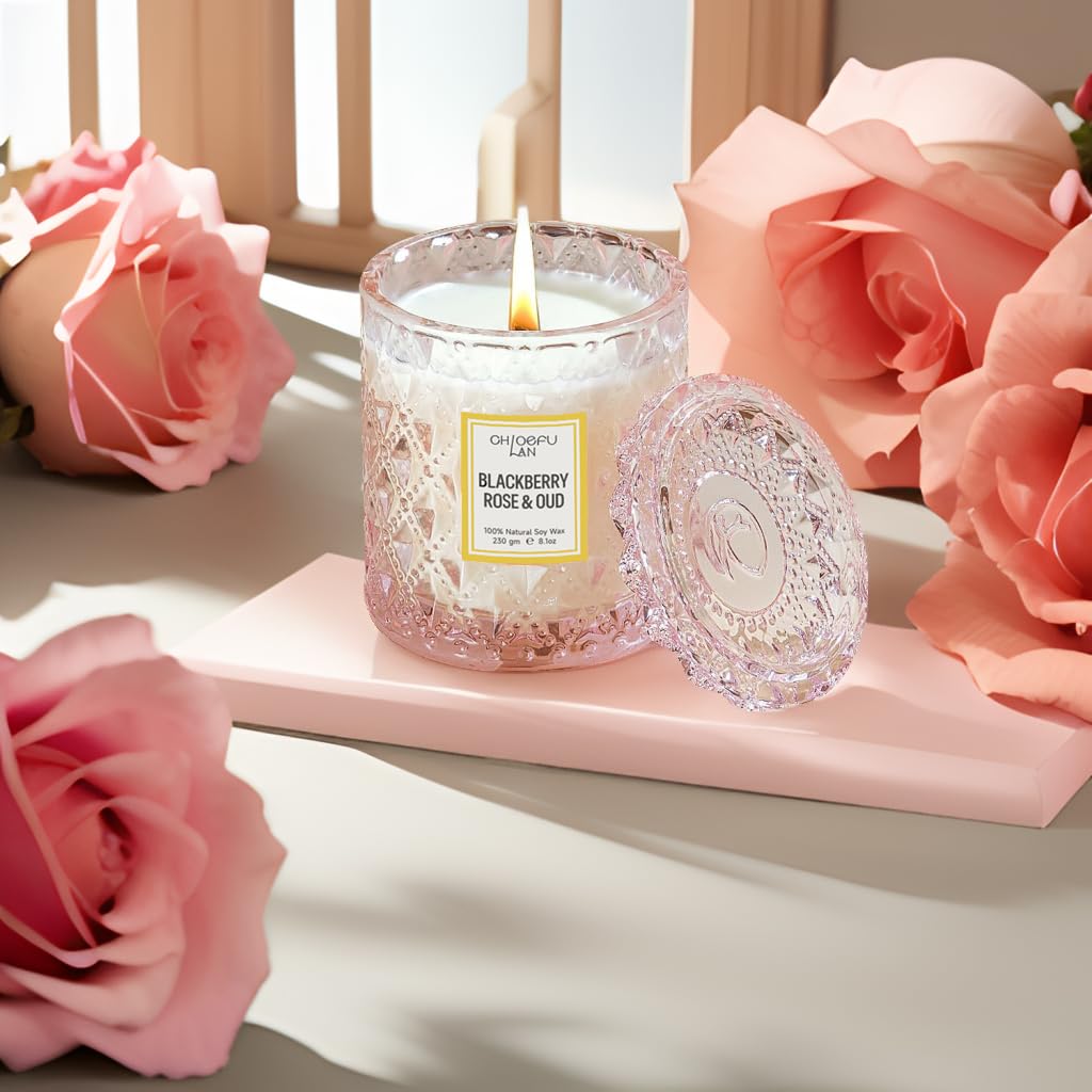 Chloefu LAN BlackBerry Rose Scented Candle, Oud Candles Gifts for Women, Pink Candles for Home Scented, 55 Hours Long Burning, Natural Soy Wax Candles, Valentine