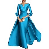 Long Sleeves Mermaid Mother of The Bride Dress for Wedding V Neck Satin Formal Evening Dress