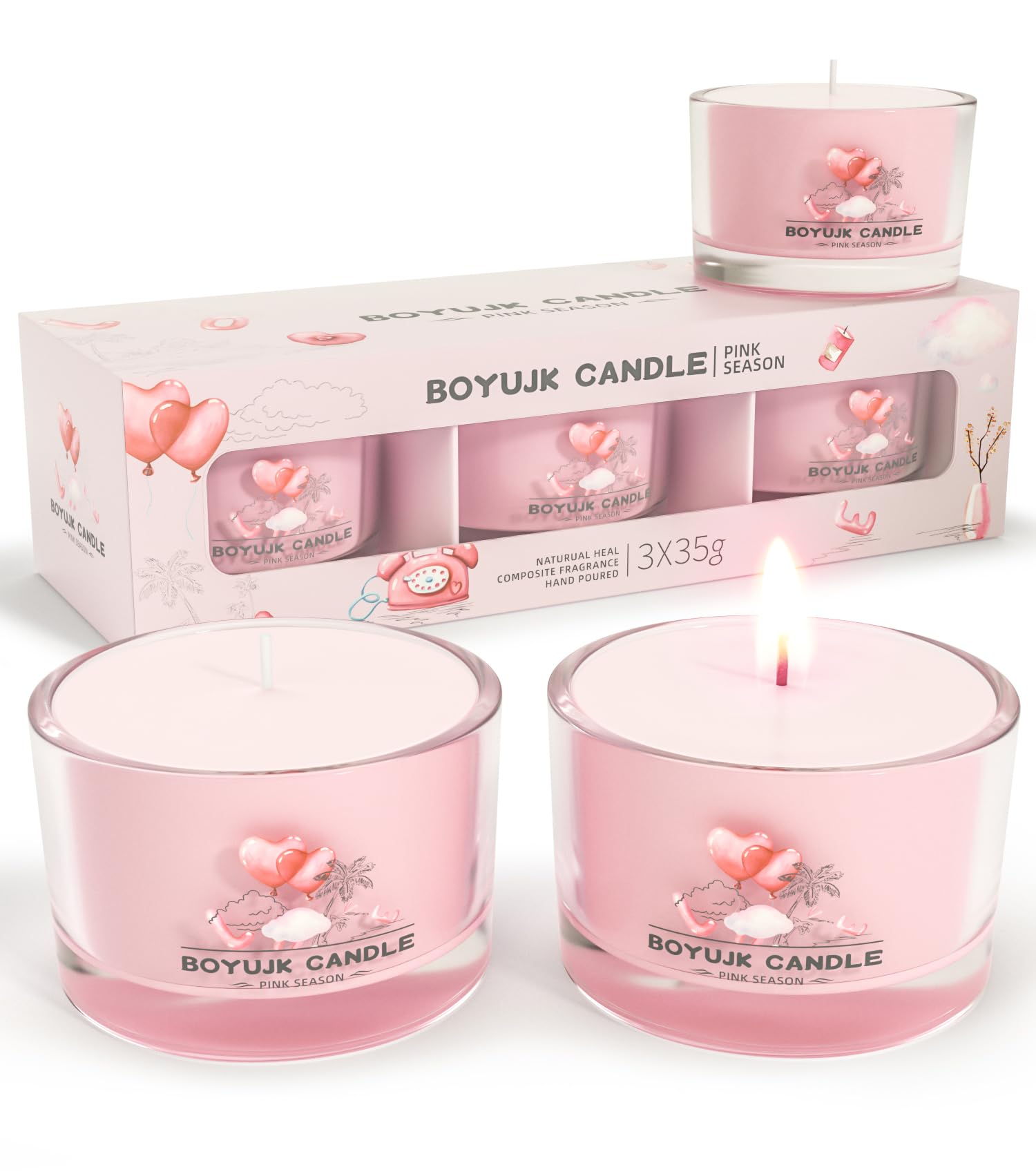 BOYUJK Scented Candles Gift Set for Anxiety | 3 Scented Filled Votive Candles | Relaxation Gifts for Women (Pink Season Collection)