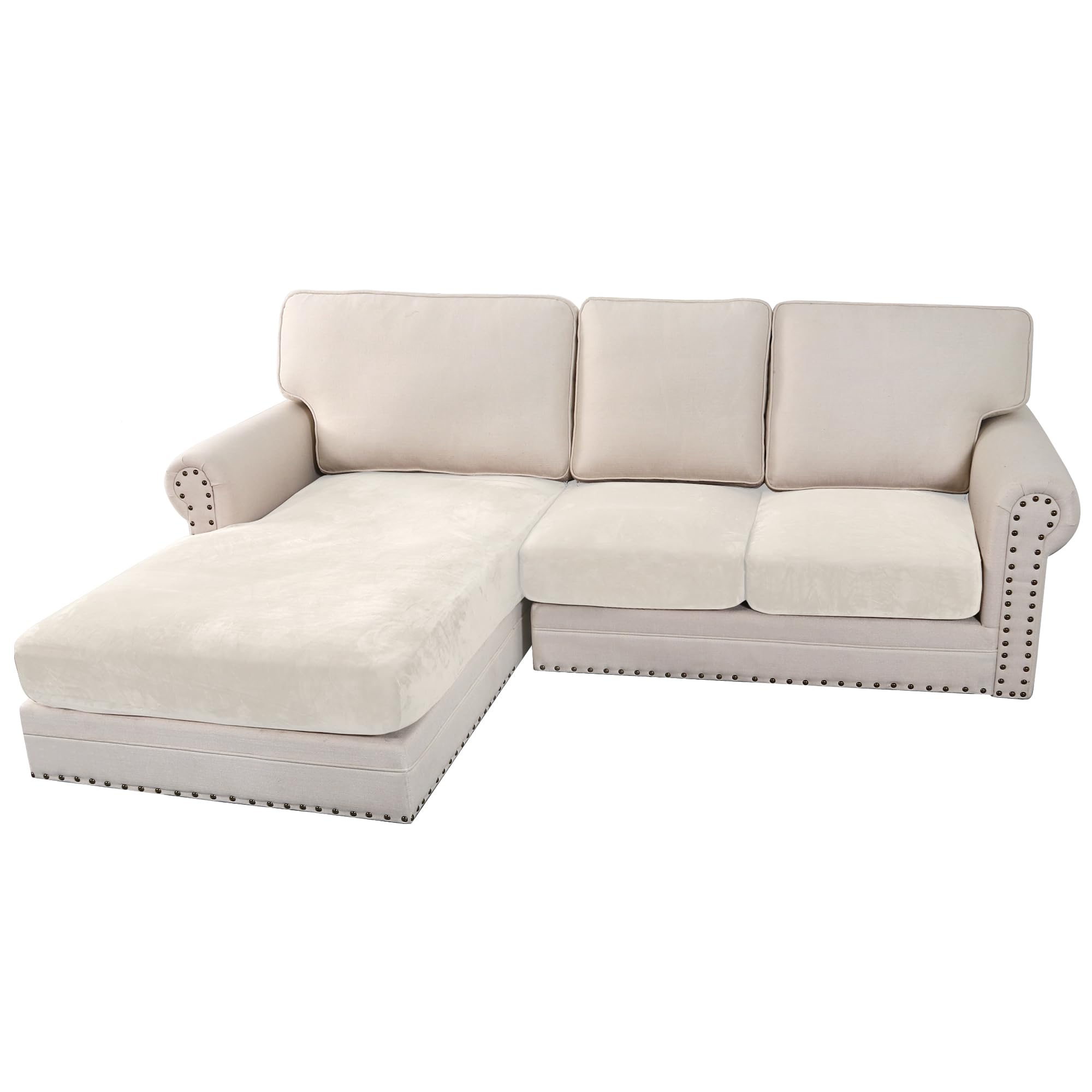 Photo 1 of H.VERSAILTEX Velvet Stretch Sectional Couch Covers 3 Pieces Sofa Seat Cushion Covers L Shape Separate Couch Cover for Both Left/Right Sectional Couch (Large Sofa 2 Seater + 1 Chaise, Porcelain)
