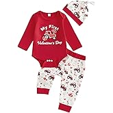 GINEVSAL Newborn Baby Boy Valentines Outfit Tractor Heart Long Sleeve Romper Pants and Hat Set Camping New Year Cow Clothes