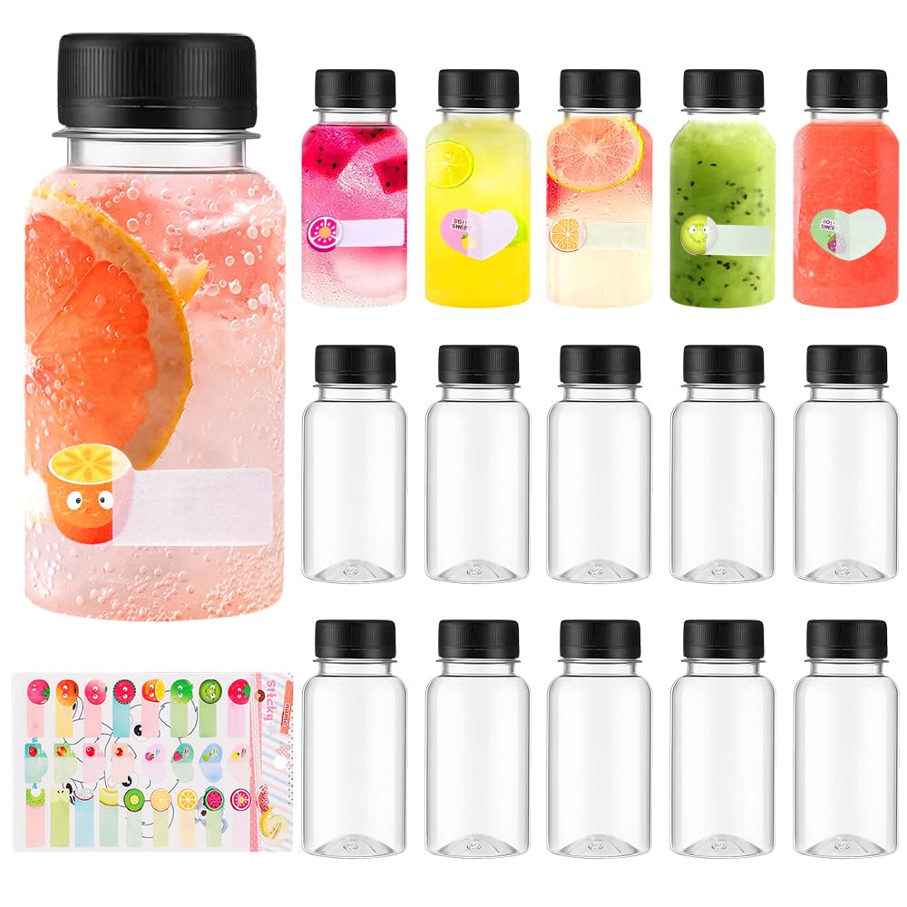 QHSXMQ 15 Pcs Juice Bottles with Lids, 100ml Plastic Shot Bottles with lids, Reusable Small bottles with lids for Smoothie, Milk, or Juice Drinks - Includes Fruit Stickers (Black)