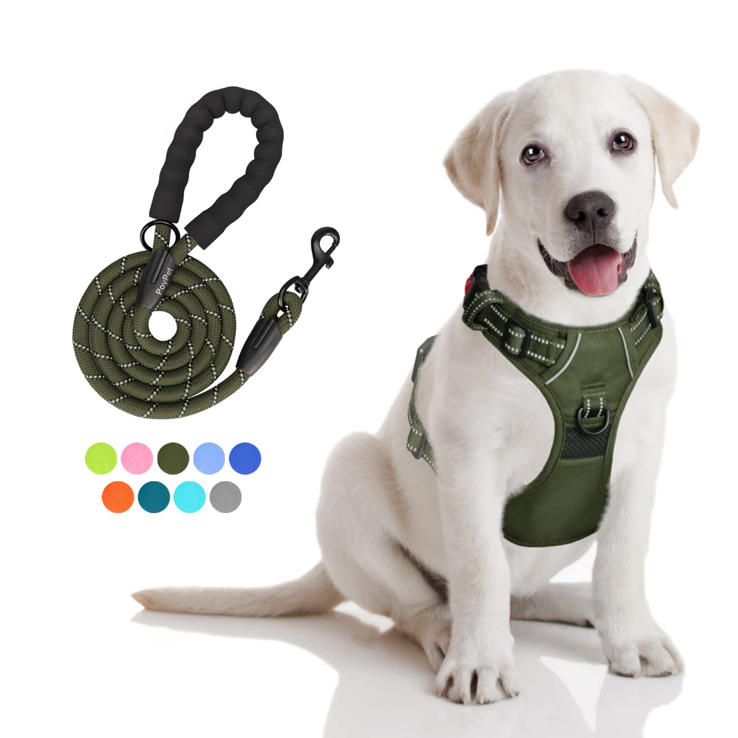 Photo 1 of PoyPet No Pull Dog Harness and 5 Feet Leash Set, Release on Neck Reflective Adjustable Pet Vest, Front & Back 2 D-Ring and Soft Padded Pet Harness with Handle for Small to Large Dogs(Military Green,M)