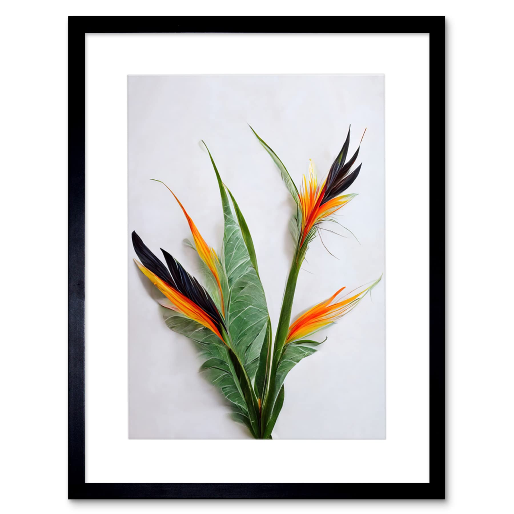 Wee Blue Coo Bird Of Paradise Stem Leaves And Flowers Tropical Plant Botanical Artwork Framed Wall Art Print 12X16 Inch