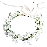 Vivivalue Women Flower Crown Boho Flower Headband Hair Wreath Floral Headpiece Halo with Ribbon Wedding Party White