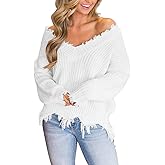 LAMISSCHE Womens Loose Knitted Off The Shoulder Sweater Solid V Neck Long Sleeve Pullover Ripped Crop Top