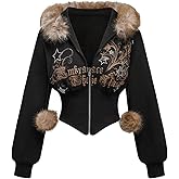 WDIRARA Women's Graphic Rhinestone Faux Fur Hoodie Long Sleeve Zip Up Hooded Jacket