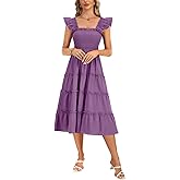 Rooscier Women's Square Neck Smocked Ruffle Sleeveless Tiered A Line Sundress Midi Dress