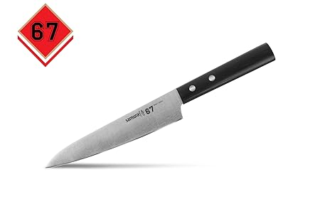 SAMURA 67 Profi Allzweckmesser Ultra-scharf, groß, aus japanisch AUS 8 Edelstahl, 15,2 cm Klinge, mit Handgriff, oval, Kochme