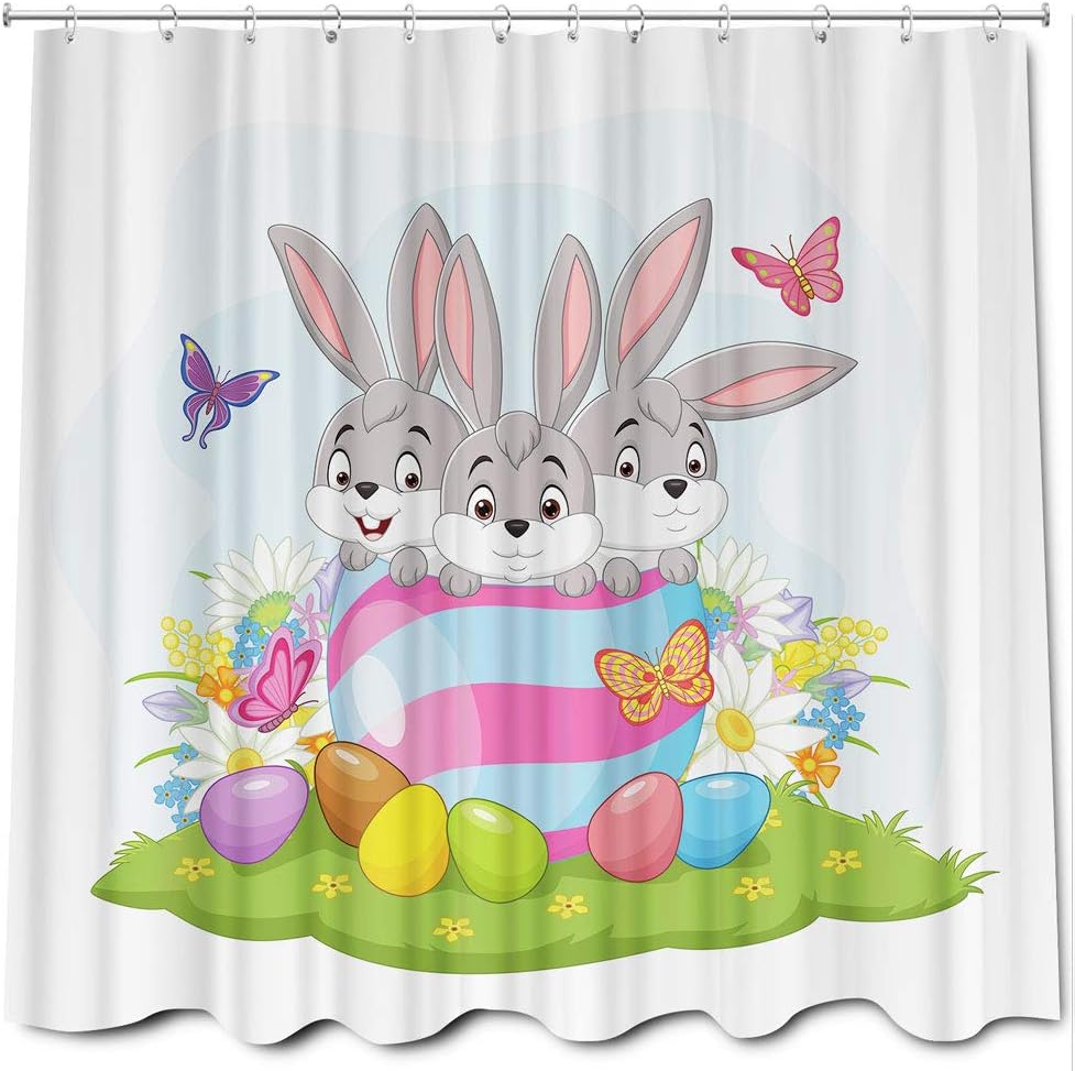 Easter Shower Curtain Colorful Eggs Bunny Floral in Grass Artwork
