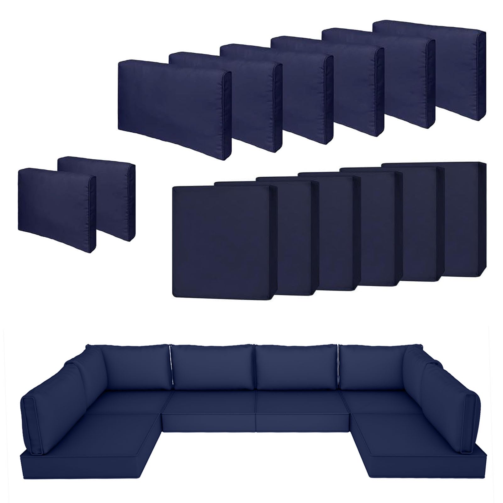 Photo 1 of 14 Piece Outdoor Patio Cushion Cover Replacement, Waterproof Patio Cushion Covers, Outdoor Furniture Cushion Covers Set for 6 Seat Wicker Rattan Sofa (Navy Blue, 25.6 * 25.6 * 4 inch)