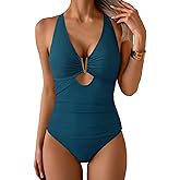 Eomenie One Piece Swimsuit for Women Tummy Control Cutout Bathing Suit V Neck Tie Back Swim Suit