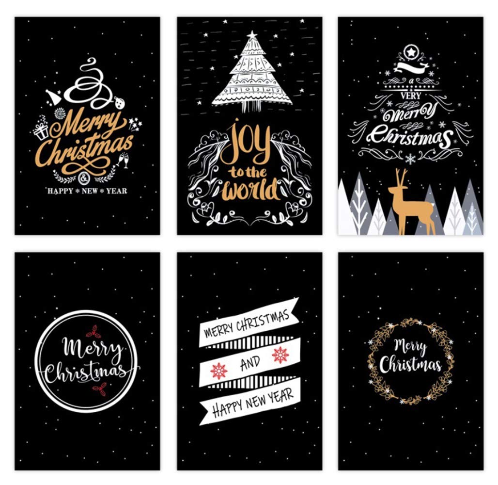 12 Pack Small Size Merry Christmas Greeting Cards & Envelopes, 4" x 6" Size, Merry Christmas Cartoon Holiday Style Greetings Cards, Pack of 12, 2X6 Black2