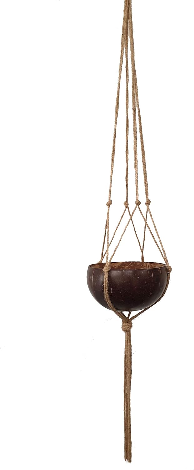 VIE Naturals Beautiful Coconut Shell Pot Holder, with a Sturdy Jute Macrame Style Hanging Rope, Brown, One
