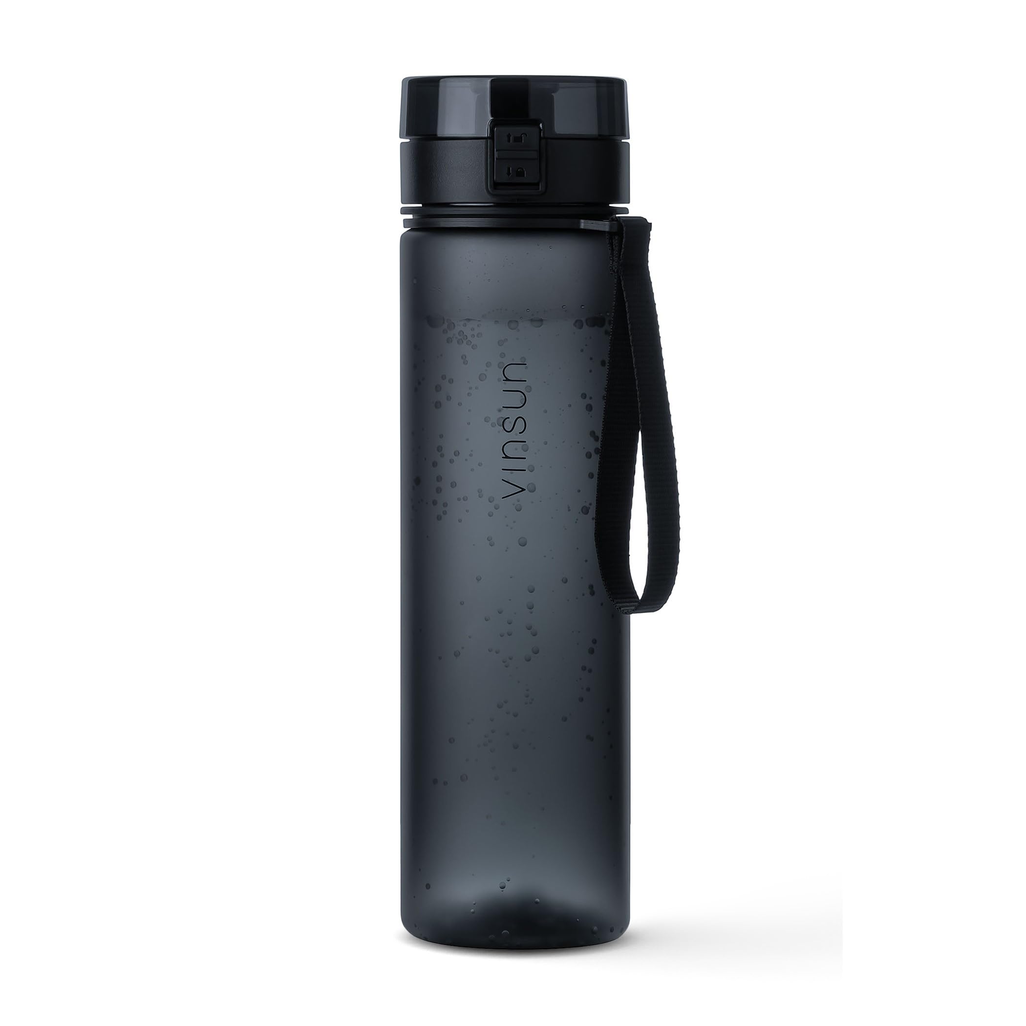 VINSUN Water Bottle 1L Black - BPA free, Leak-proof, Carbonic acid suitable, Tritan, One-Hand Operation - Drinking Bottle for Sports, Gym, Travel, University, Cycling