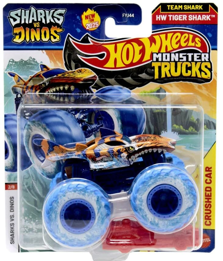 Hot Wheels Monster Trucks Sharks vs Dinos, 1:64 Scale Die-Cast Vehicle Collection, 2025 Edition (2/8 Team Shark Tiger Shark)