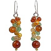 NOVICA Artisan Handmade Pearl Carnelian Beaded Earrings Thailand Yellow Quartz Cluster Sterling Silver Plated Dyed Cultured Multicolor Dangle Birthstone [1.8 in L x 0.4 in W] ' Golden Vines'