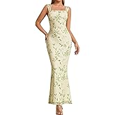 EYNMIN Women's Summer Floral Maxi Dress Square Neck Sleeveless Mesh Bodycon Long Wedding Guest Dresses