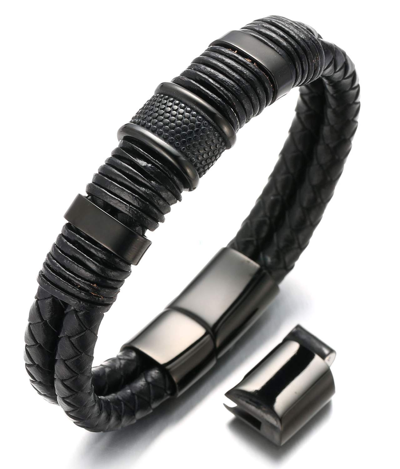 HALUKAKAH Men's Genuine Leather Titanium Bracelet Black Magnetic Clasp Solo Silver/Honor Gold/Nightwatch Black Size Adjustable 21.5-23cm with Free GIftbox (Shadow Black 21.5-23cm with an Extra Clasp)