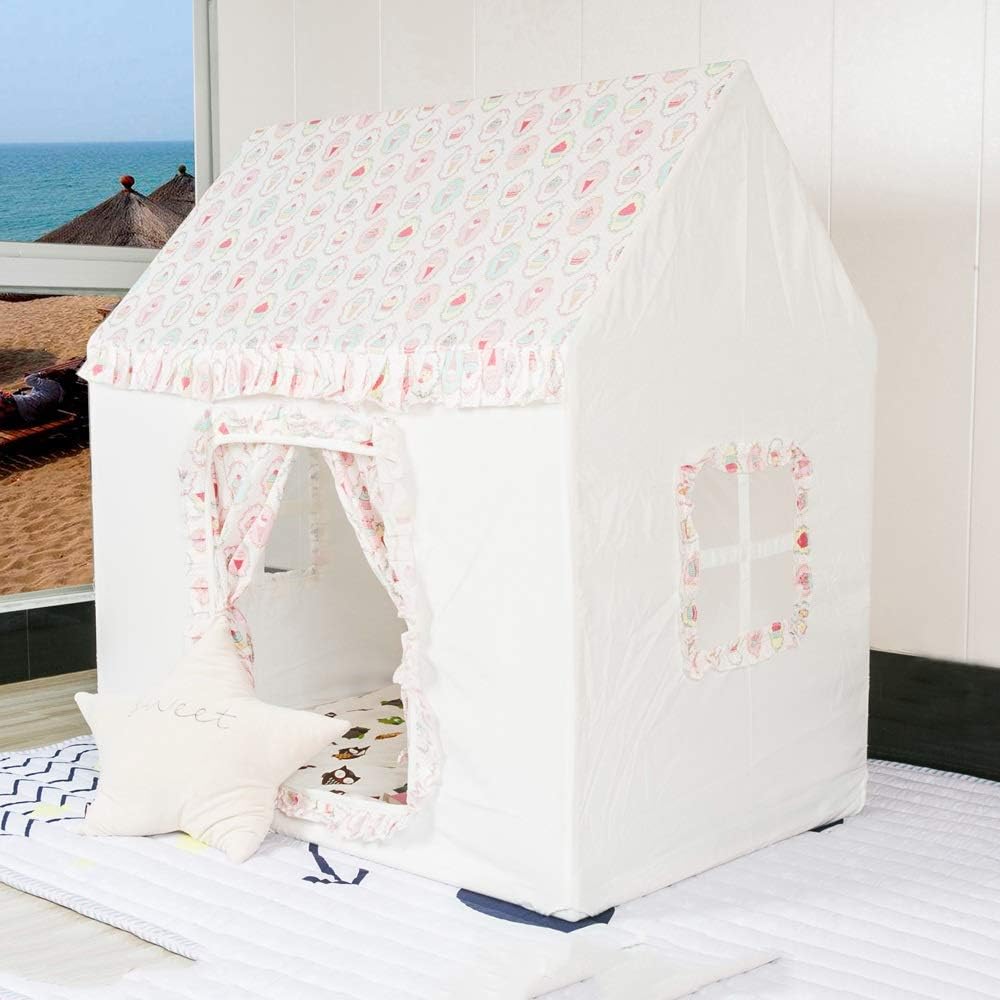 Kibten Creative White Ice Cream Kids Play Tent Wooden Child Teepee Tent Girl Princess Castle Tent Indoor Pattern Game Toy Room Outdoor Boy Playhouse with Carry Case for Children Gift