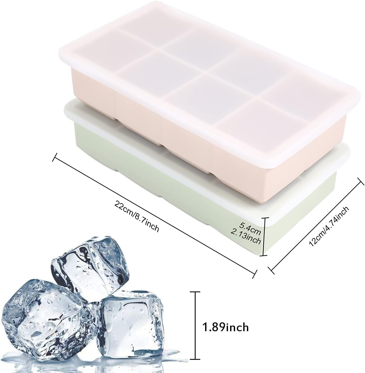 LessMo Ice Cube Tray, 2 Pack XXL Silicone Large 2 Inch Ice Cube Molds with Lids, for Whiskey Cocktails & Wine (Green and Pink) - Image 3