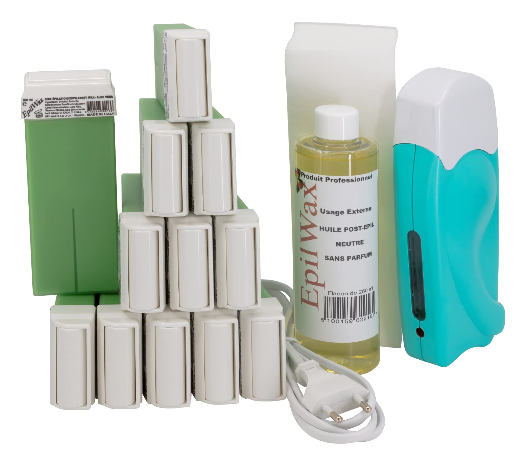 EpilWax Complete Hair Removal Waxing Kit - with 12 Aloe Vera Wax Roll-on Cartridges, Roll On Wax Heater, 100 Strips and Waxing Oil