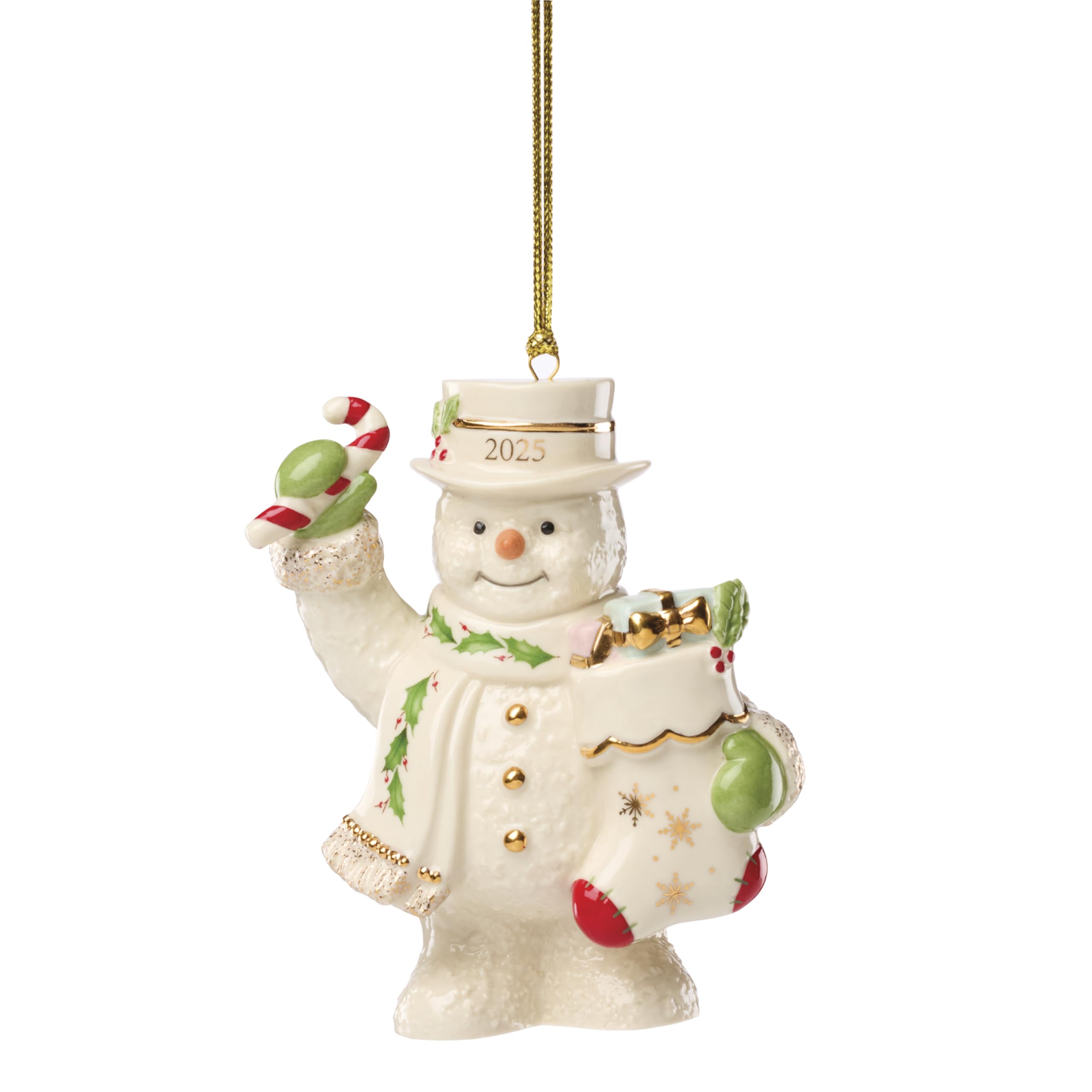 Lenox Ornament, 2025 Snowman with Stocking Christmas Ornament, Made from Porcelain Featuring Gold Accents and Hanging Cord, Snowman with Stocking Design, Christmas Tree Decorations (White, 1 Piece)