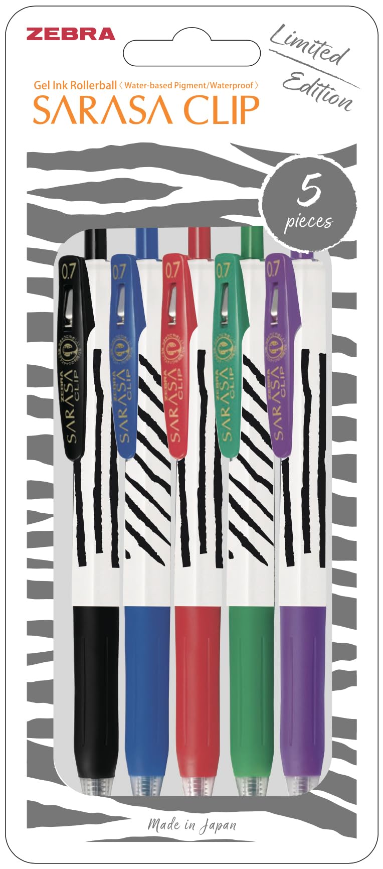 Zebra SARASA CLIP Stripes Gel Pens 5pk - Retractable Coloured Pens with 0.7mm Nib, Smudge Proof, Rapid Dry Ink, Comfort Grip & Push Clip, Water Resistant, Assorted Colours
