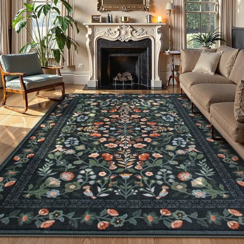 Lahome Black Floral Washable Area Rug
