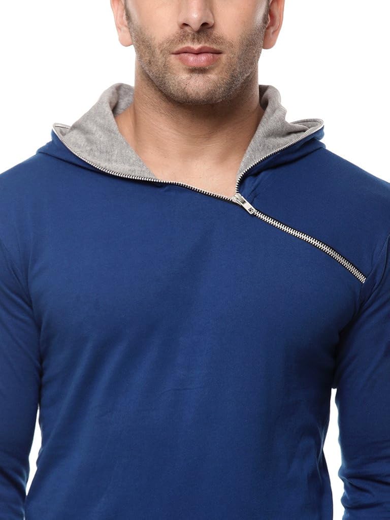 gritstones men's cotton full sleeve hooded t-shirt indigo/grey melange