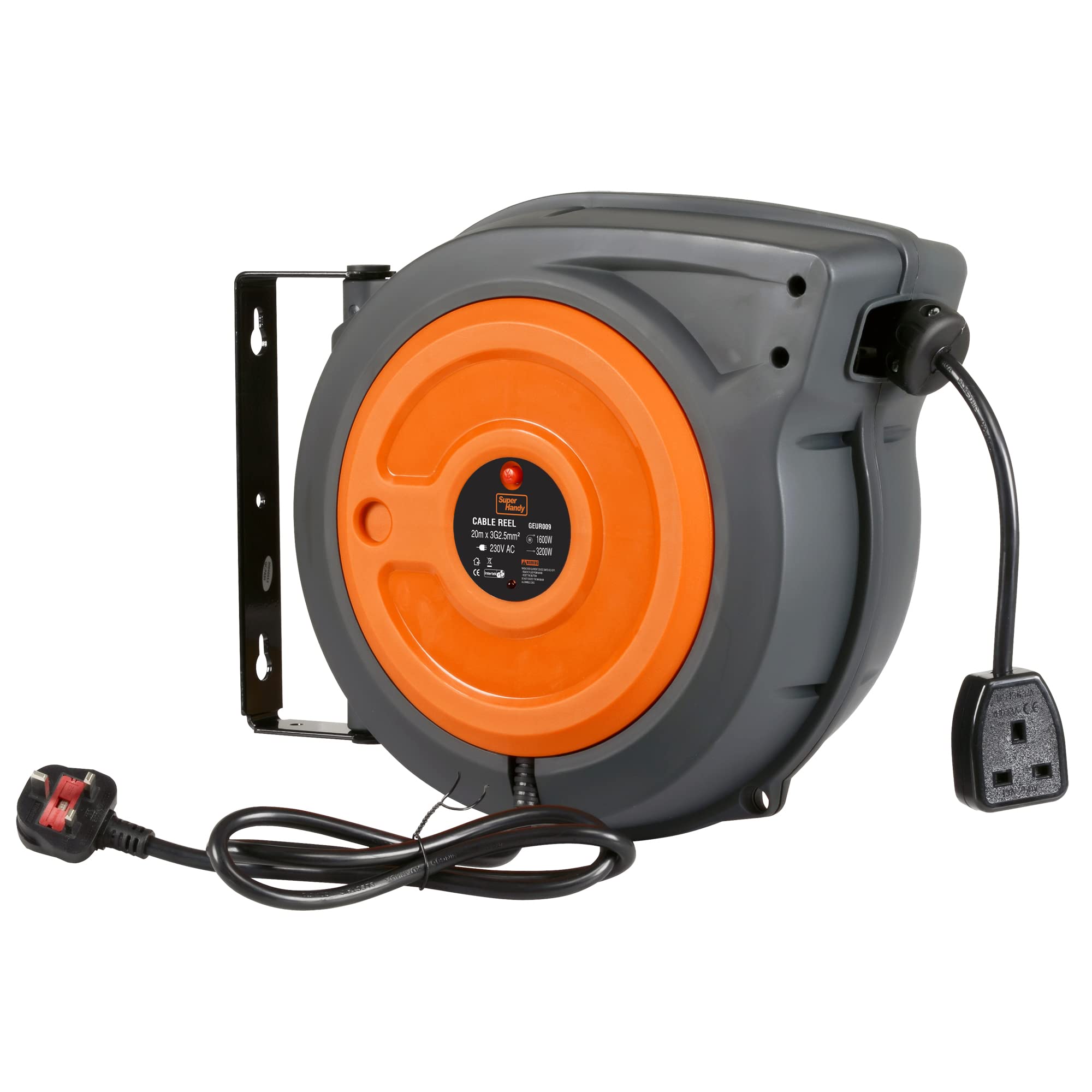 SuperHandy Cord Reel Retractable Extension Extra Long 20m (65ft) x 3G2.5mm² H05VV-F 3200W Max Industrial Polypropylene Ultra Heavy Duty Commercial Premium Grade Cable Reel (UK Plug& Socket)