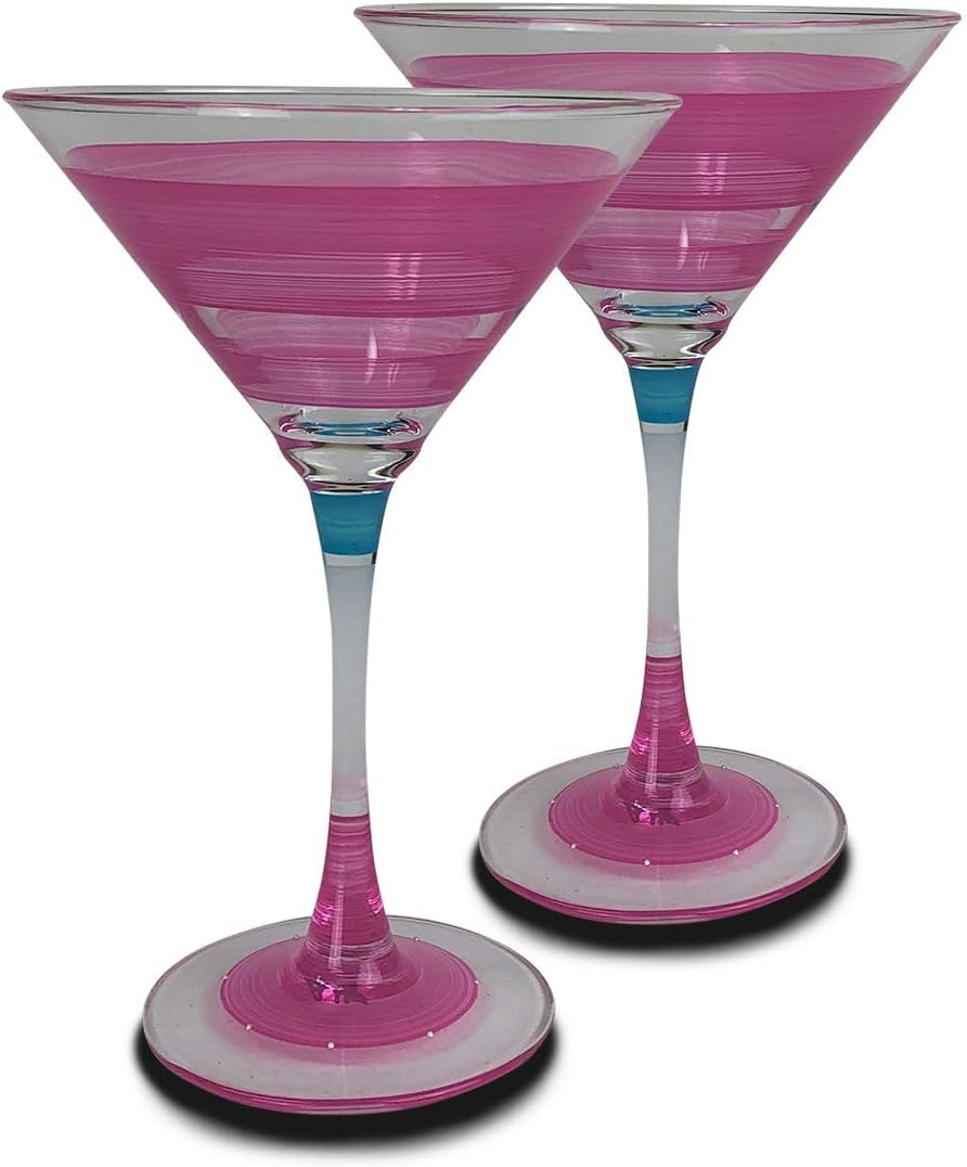 Hand Painted Martini Glasses Set of 2 - Cape Cod Cottage Pink Collection - Hand Painted Glassware by USA Artists - Unique and Decorative Martini Glasses, Kitchen Table Décor