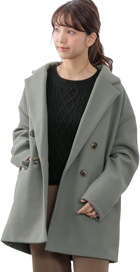 Amazon アドティエ チェスターコート 秋冬 フェイク ウール ポケット 開襟 ダブル アウター ボリューム おしゃれ グリーンf コート ジャケット 通販