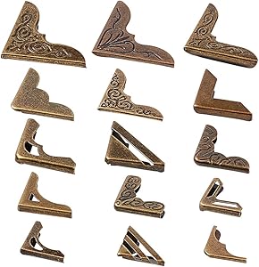 PH PandaHall 60 pcs 15 Styles Iron Corner Protectors Guard Edge Cover, Metal Furniture Decorative Cover Pad for Desk Jewelry Case Box Book Scrapbooking Albums Menus Triangle Carved, Antique Bronze