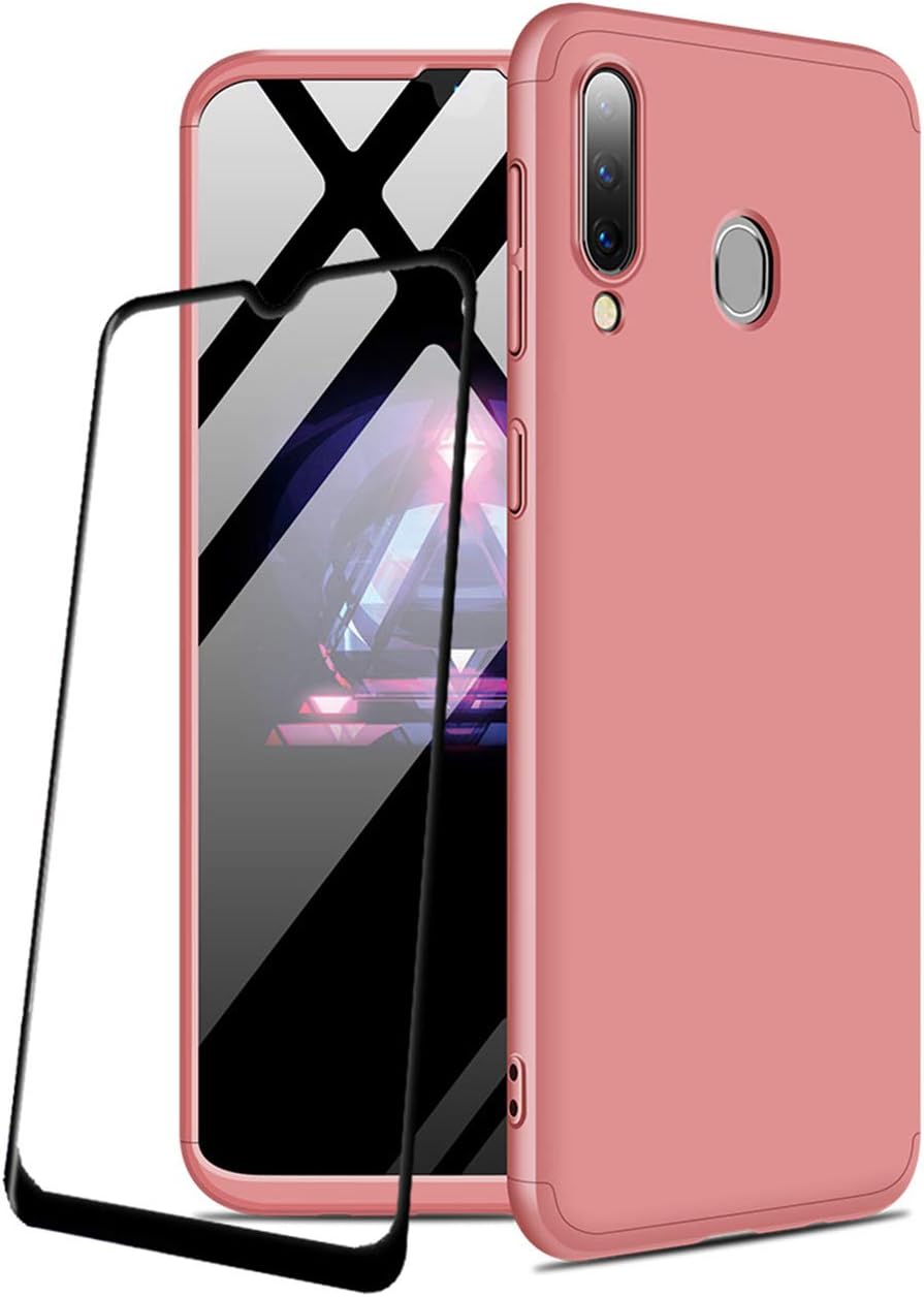 JOYTAG Compatible Samsung Galaxy A30 case +Tempered glass film 360 degrees Rose gold ultra thin Matte All-inclusive Protection 3 in 1 PC Phone case cover-Rose gold