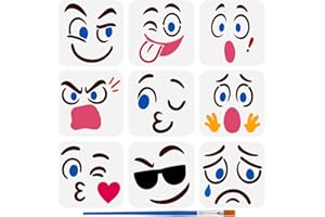 FINGERINSPIRE 9 Styles Cartoon Expression Pattern Stencils with a Brush 5.9x5.9Inch Cartoon Emoticon Painting Stencils Facial Expression Drawing Template PET Character Themes Template for Wall Decor
