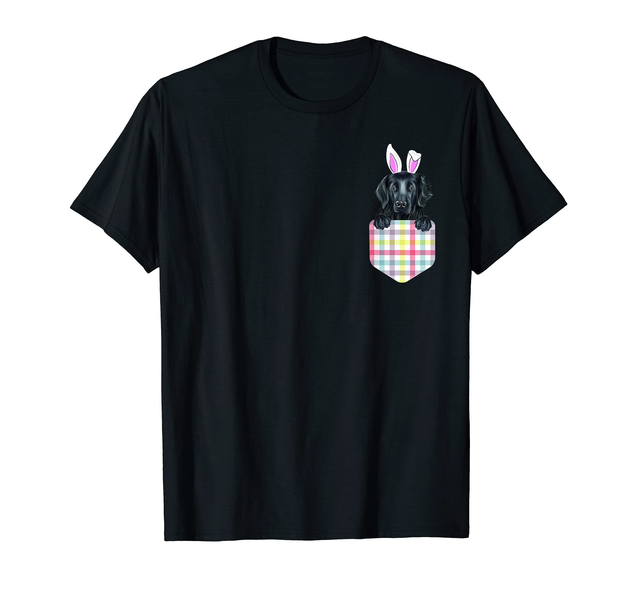 Easter Plaid Flat-Coated Retriever Bunny Dog In Pocket T-Shirt