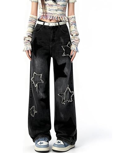 Fairy Grunge Y2K Denim Pants for Women Star Patterned Cutecore 