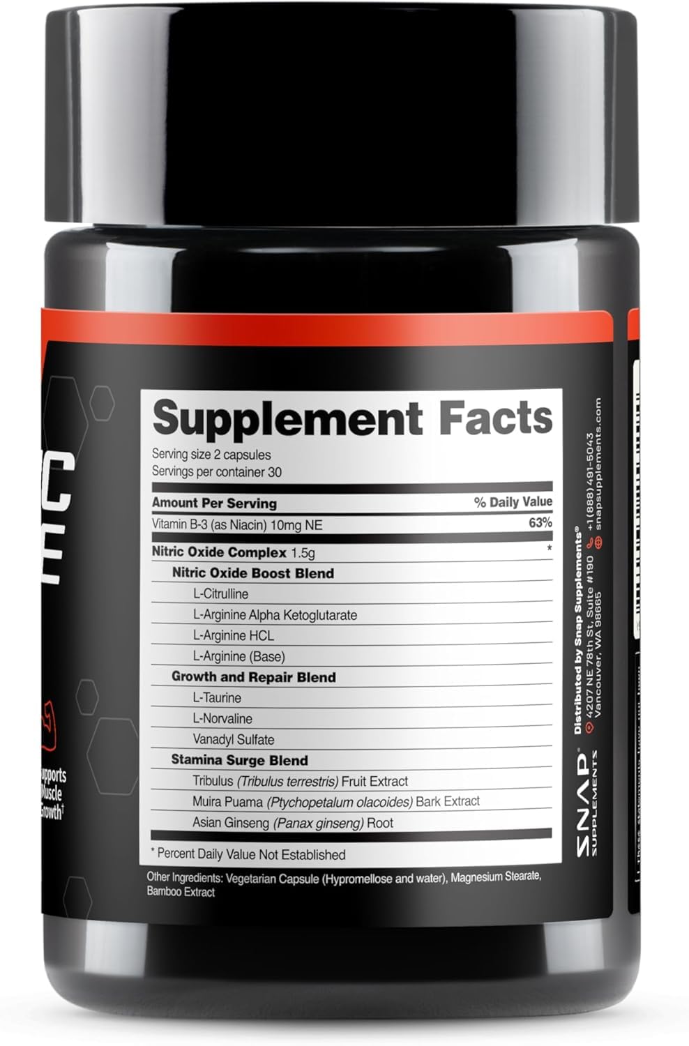 Snap Supplements Nitric Oxide Supplement with L-Arginine to Support Energy, Quick Recovery, Heart Health, Muscle Growth & Circulation, 60 Vegetarian Capsules (1 Month Supply)