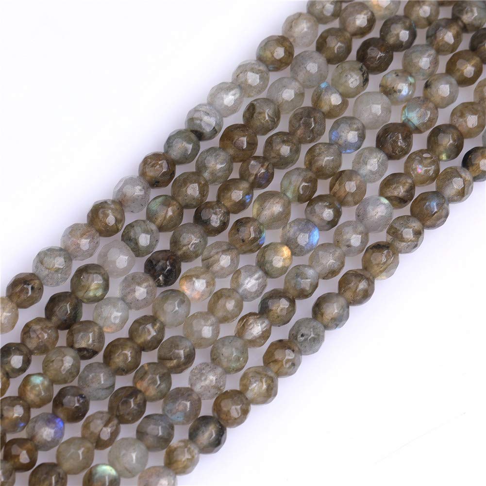 Natural Gray Rainbow Labradorite Semi Precious Gemstone Round Faceted 4mm Spacer Beads for Jewellery Making DIY Bracelet Necklace Crafts 15"
