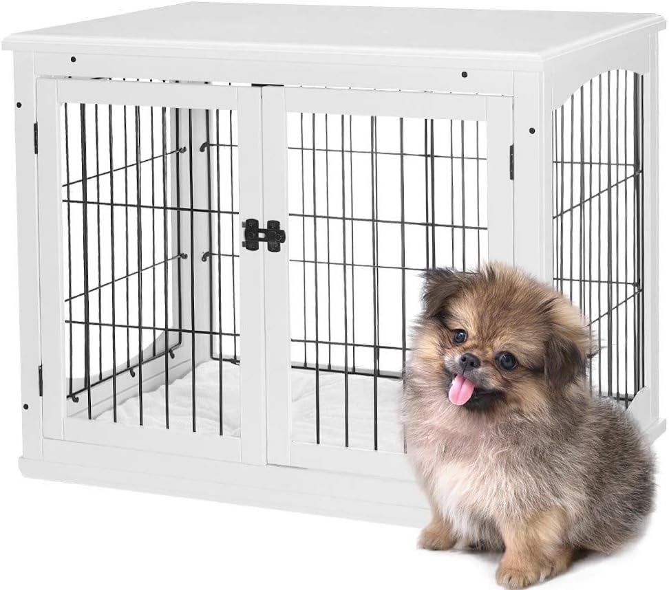 AVAWING Decorative Dog Kennel with Pet Bed,Wooden Wire Dog House with Double Doors, Large Indoor Pet Crate Side Table