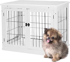 AVAWING Decorative Dog Kennel with Pet Bed,Wooden Wire Dog House with Double Doors, Large Indoor Pet Crate Side Table