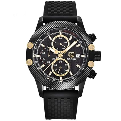 BENYAR Japanese Quartz Chronograph Waterproof Silicon Strap Wristwatch for Men 5109 - Black Gold