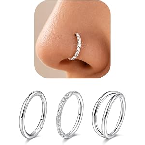 SZGCSP Titanium Nose Ring Hoop Set - 3 Styles 18G Nose Rings for Women Men | Classic, CZ & Double Hoop Nose Ring, Hinged Clic